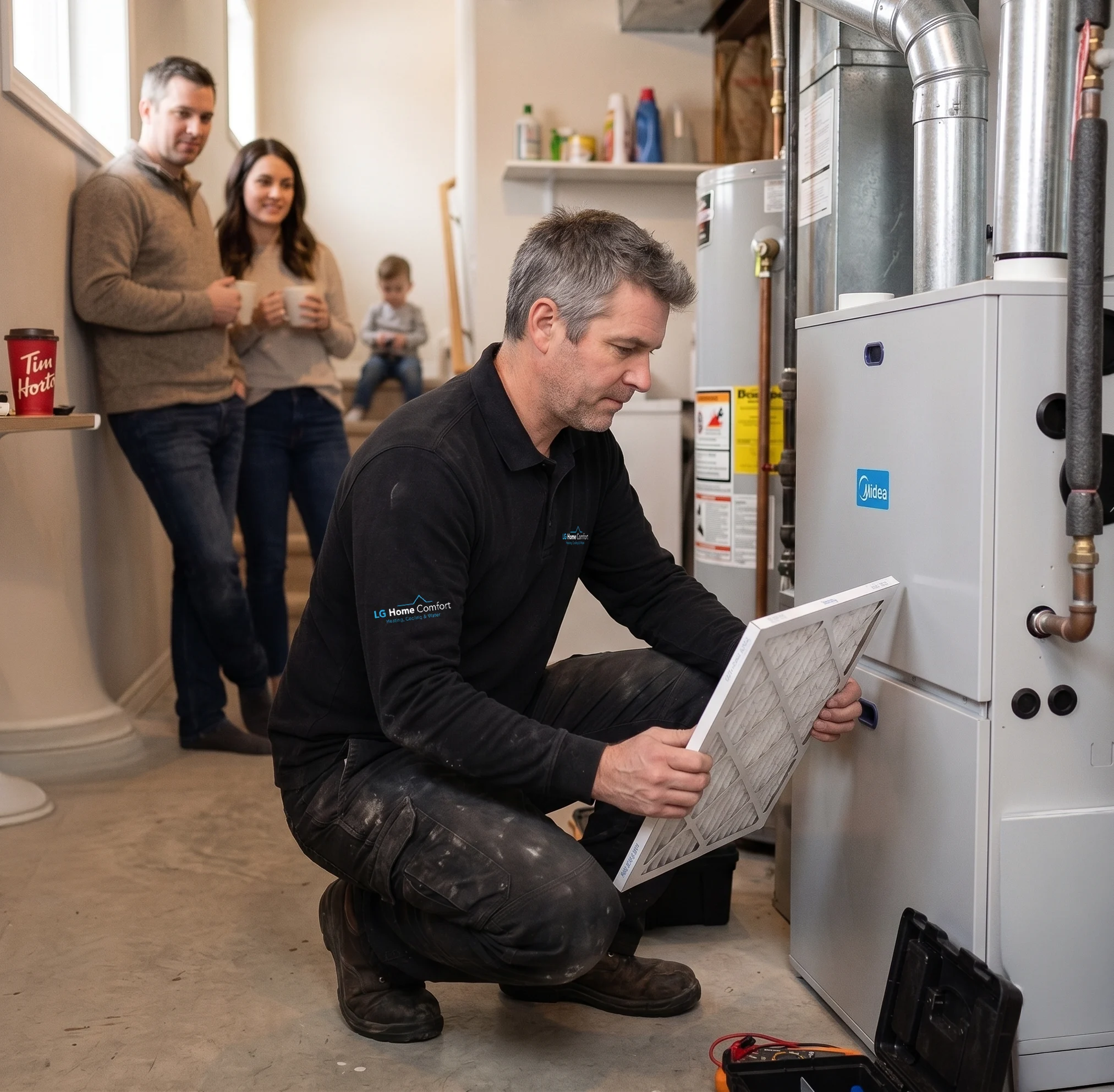 A technician provides emergency furnace repair services for a residential home in London, Ontario