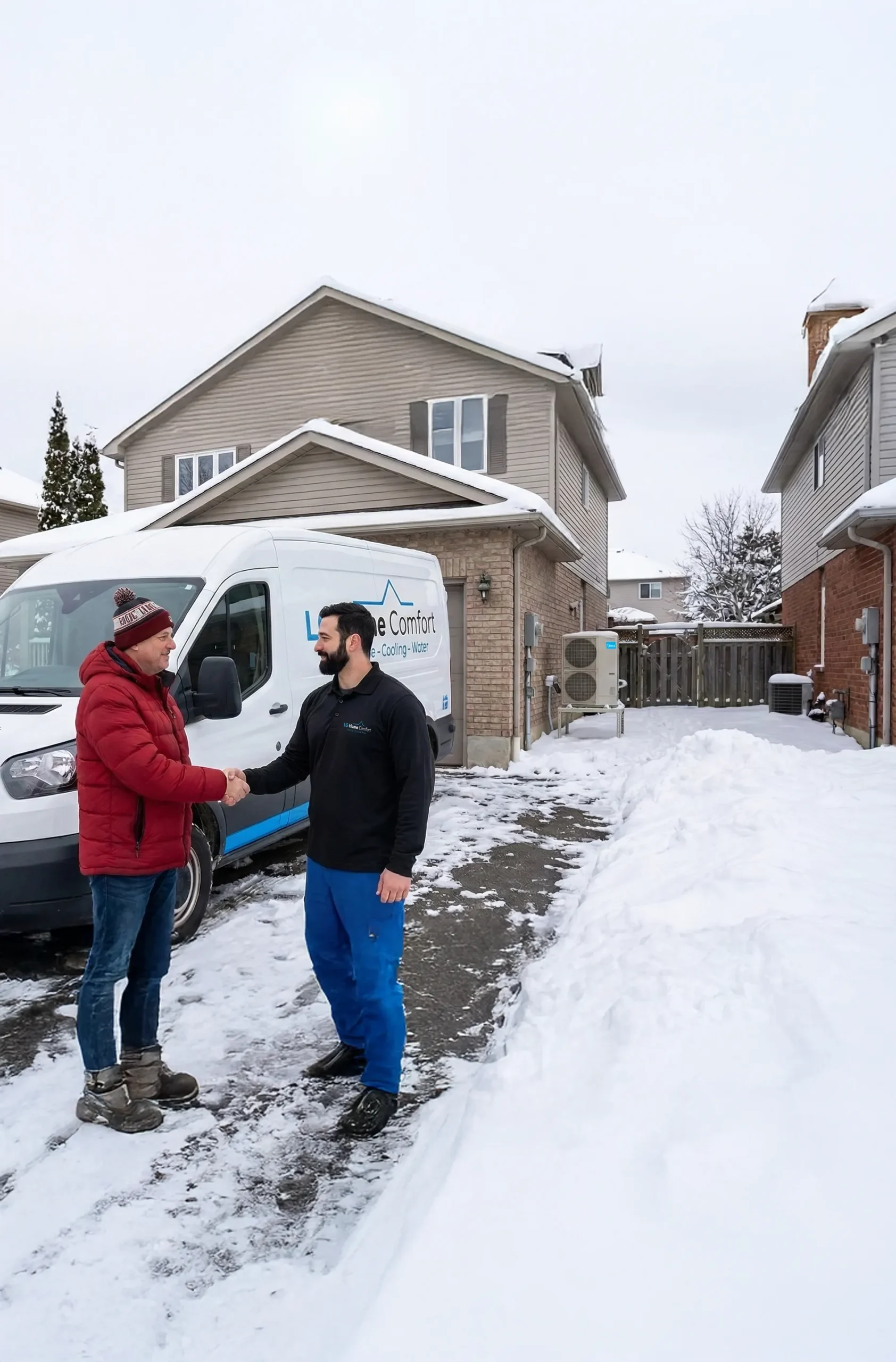 A technician servicing a residential heating system on a snowy day, helping families stay cozy this winter with our expert professional heating services in Binbrook, Ontario