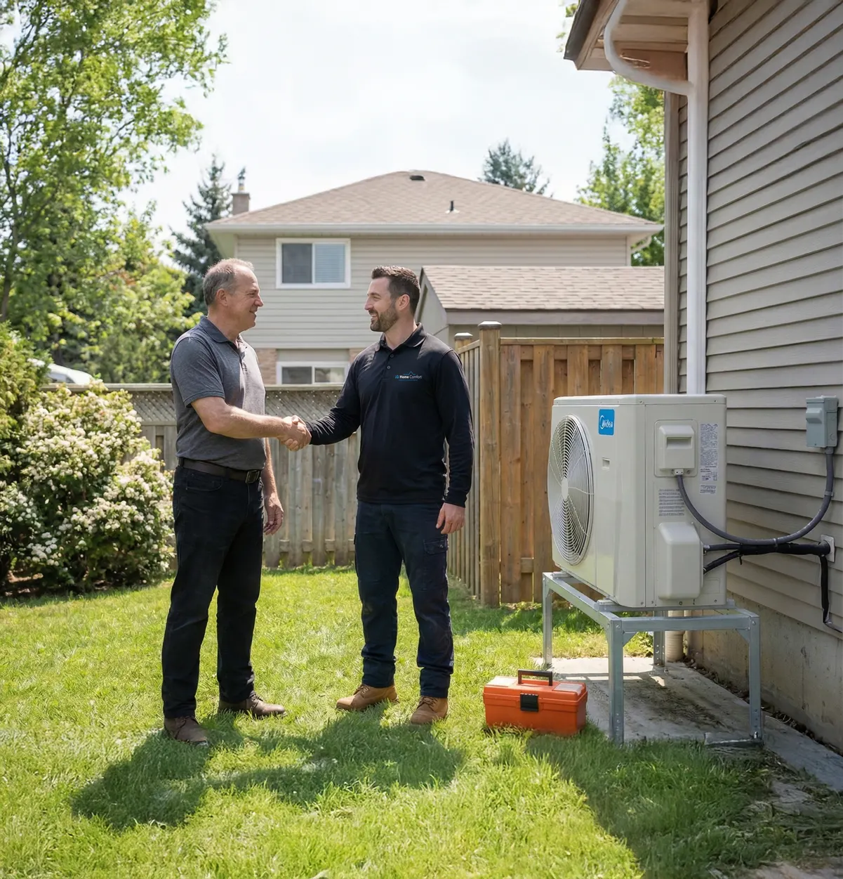 A trusted LG Home Comfort HVAC contractor in uniform servicing a residential heating and cooling system, proudly serving homeowners in Alliston, Ontario
