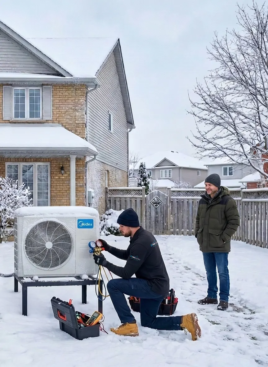 An HVAC professional inspecting an outdoor residential heat pump, providing reliable home heating and cooling solutions designed for Ayr's diverse weather