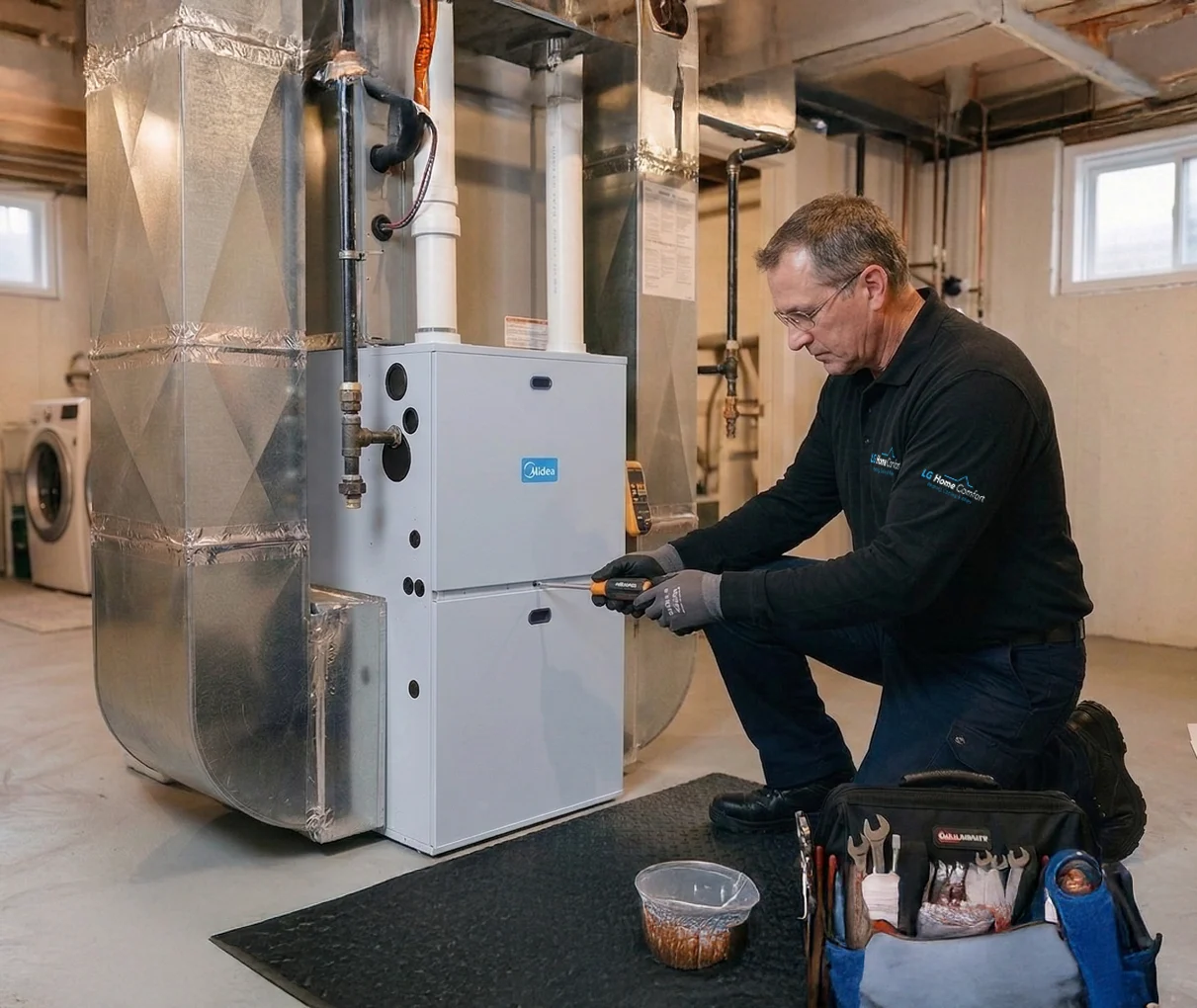 An LG Home Comfort expert inspecting a high-efficiency HVAC system, representing our trusted heating and cooling services for homeowners in Burlington, Ontario