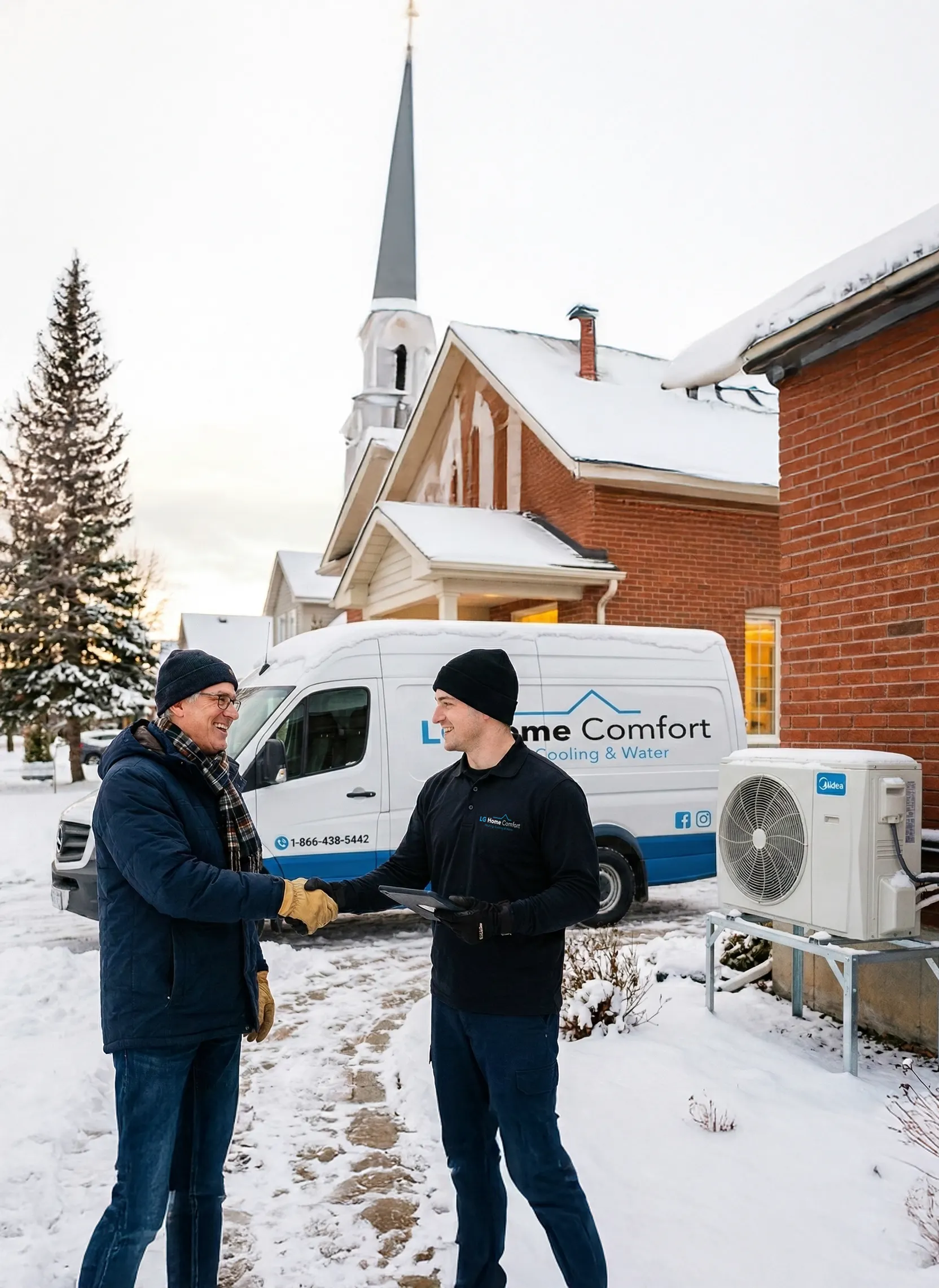An LG Home Comfort expert using diagnostic tools on a central air conditioning condenser, performing professional HVAC installation, repair, and maintenance
