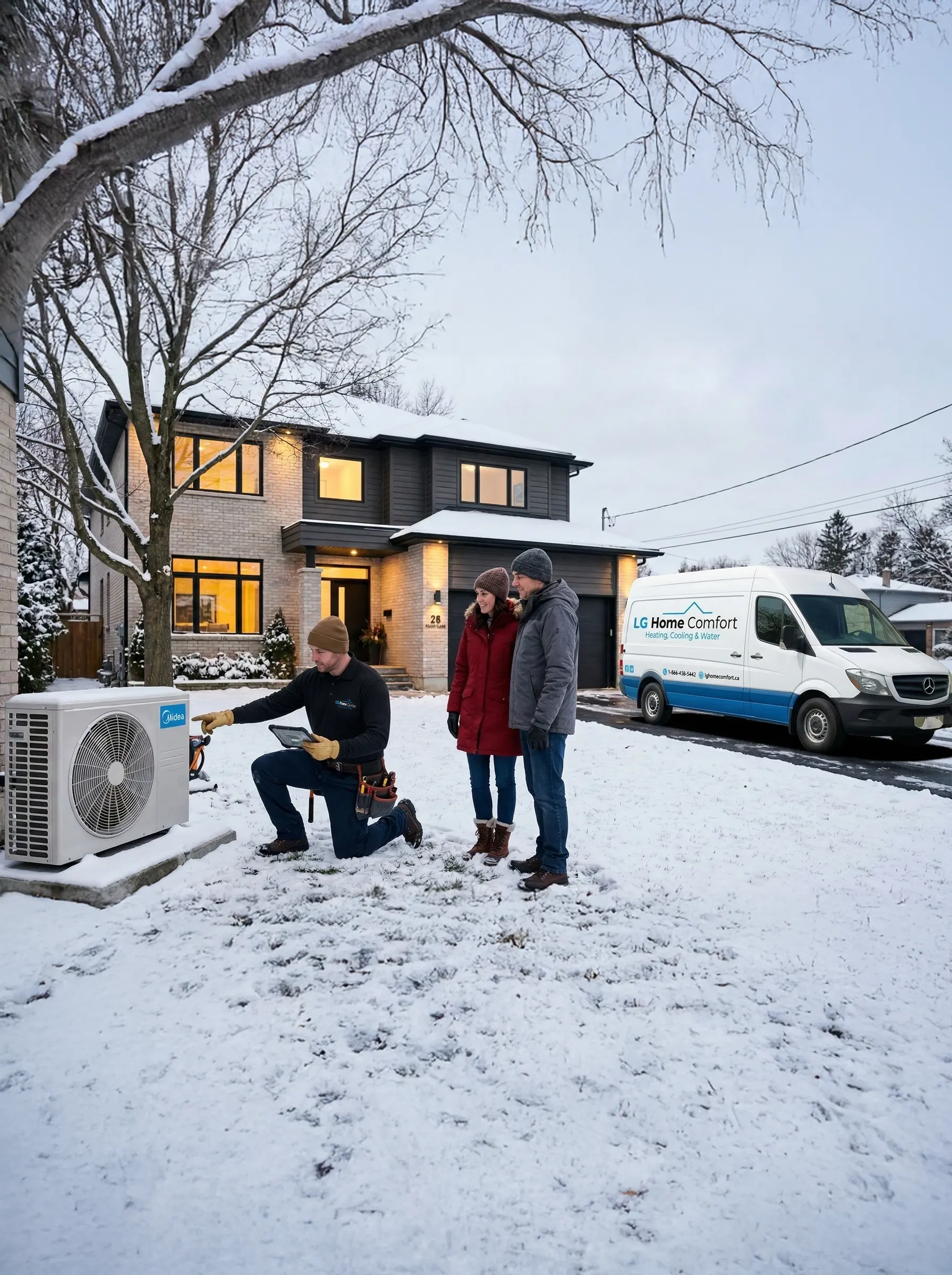 An LG Home Comfort technician kneeling in a snow-covered yard, using a tablet to explain a Midea outdoor heat pump unit to two homeowners outside their