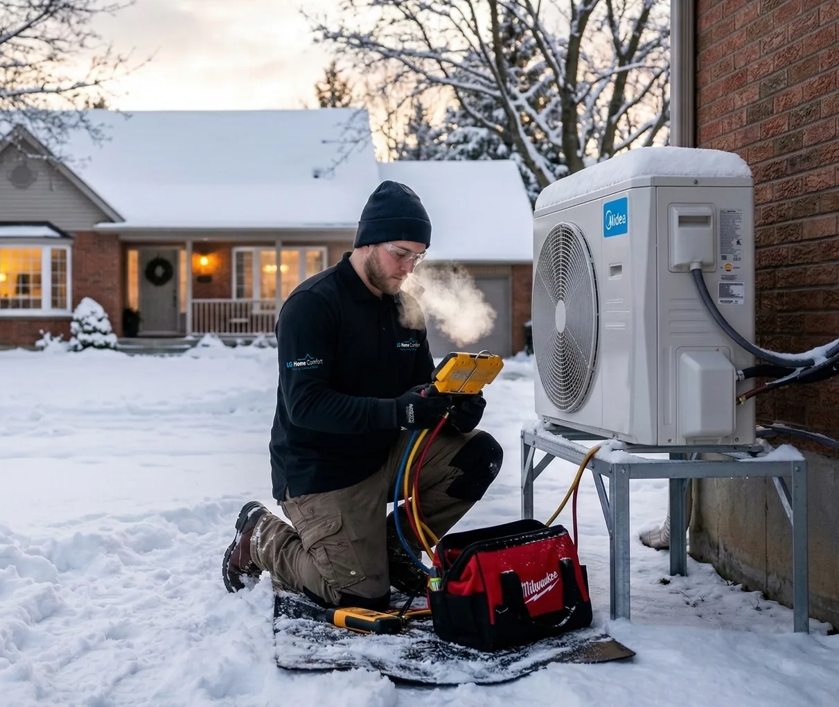 An expert HVAC technician using diagnostic tools to perform furnace, AC, and heat pump repair, replacement, or installation for a residential home in A
