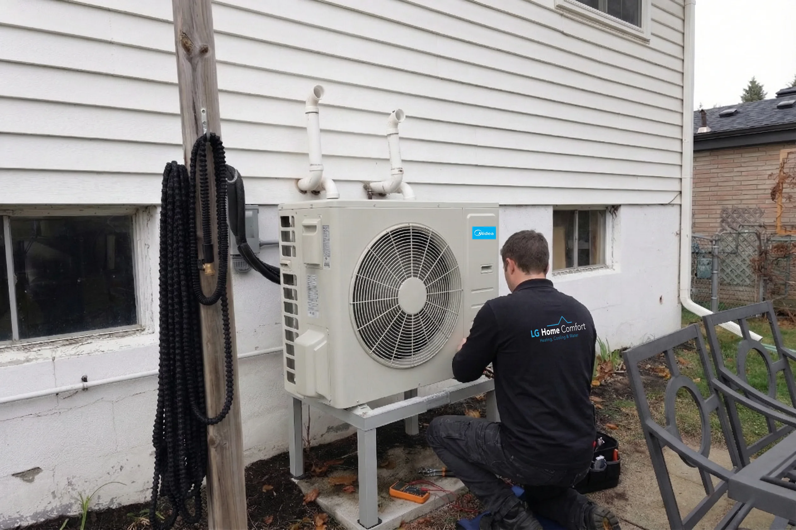 Expert-technician-performing-professional-furnace-and-AC-repair-replacement-and-installation-on-a-central-air-conditioning-unit-for-a-home-in-Alliston