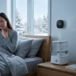 Person experiencing dry indoor air symptoms with humidity level below 30 percent