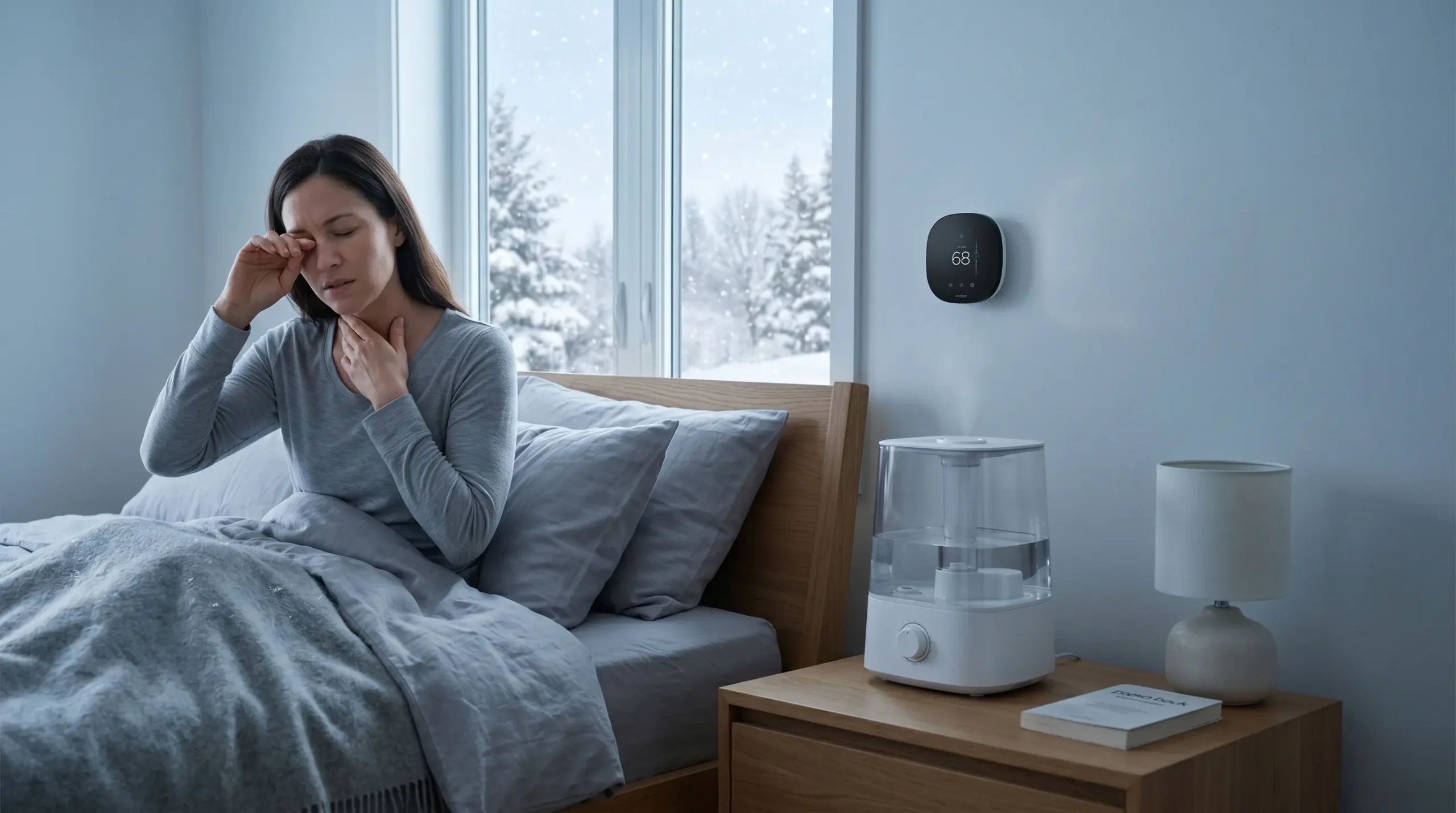 Person experiencing dry indoor air symptoms with humidity level below 30 percent