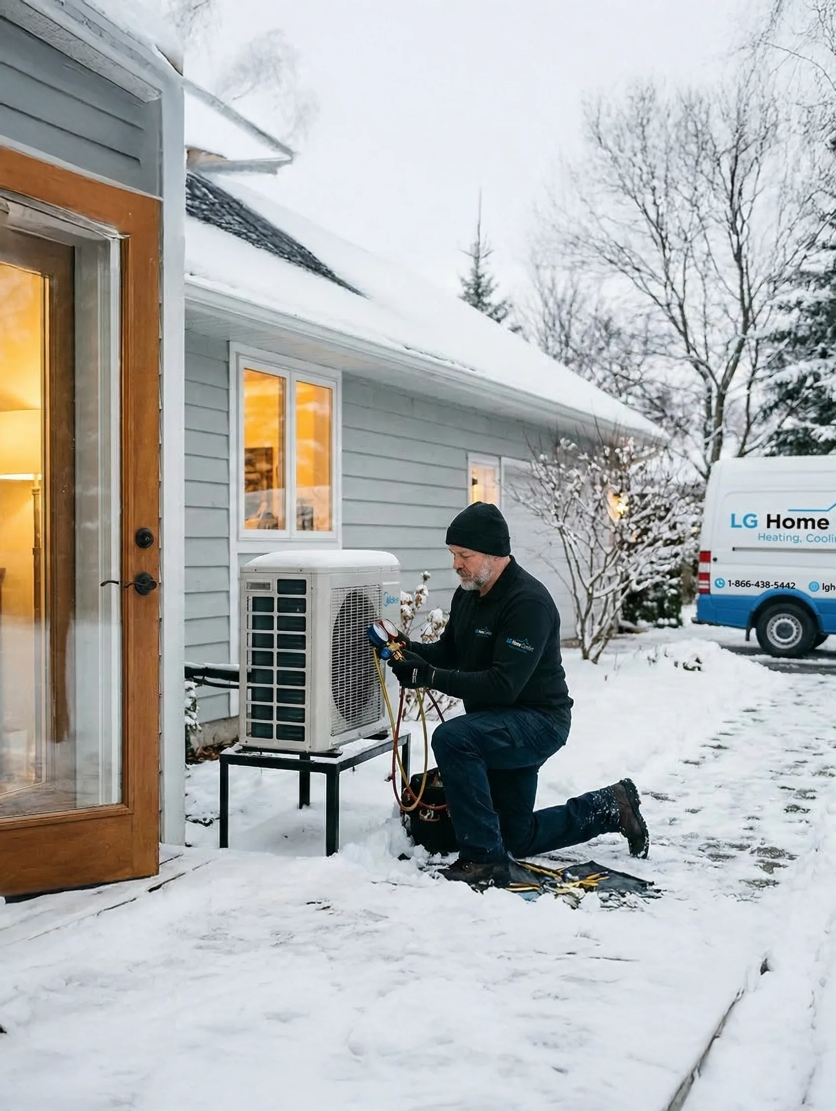 Professional LG Home Comfort technician performing expert furnace, AC, and heat pump repair, replacement, or installation for a residential home in