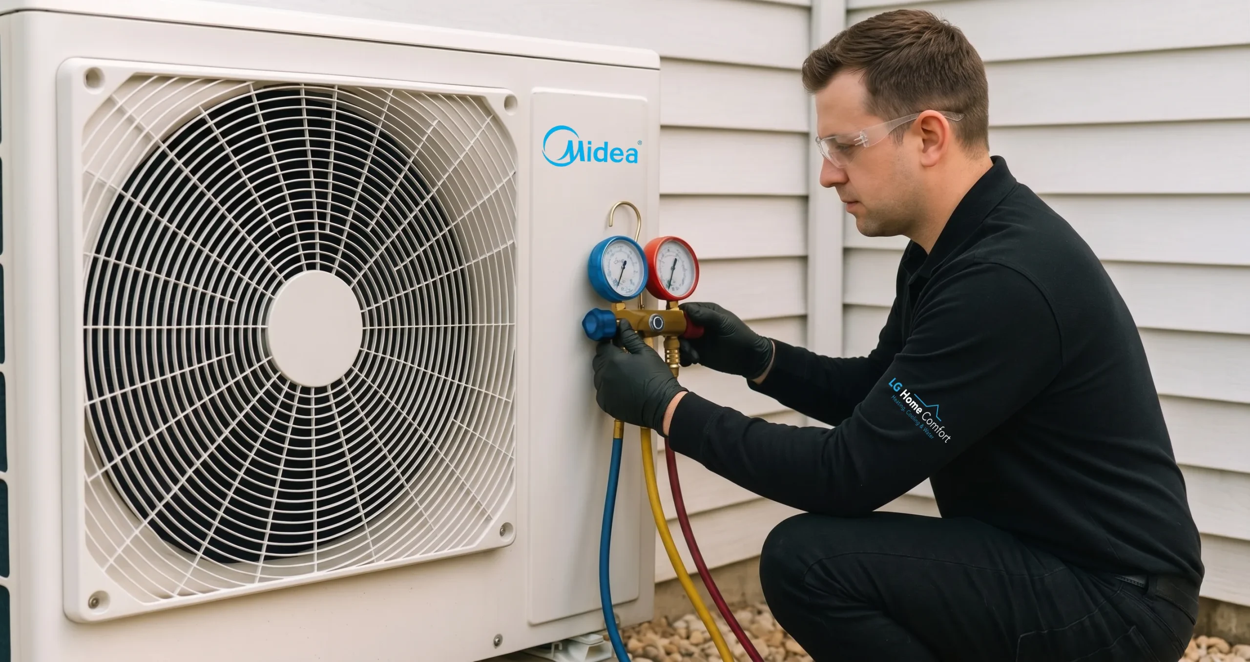 Performing HVAC diagnostic assessment on Midea exterior heat pump unit by monitoring system manifold gauge refrigerant pressures
