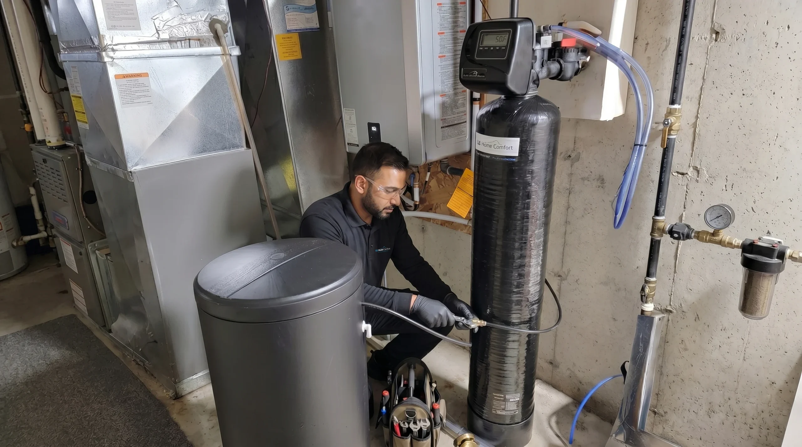 Water softening system in a basement