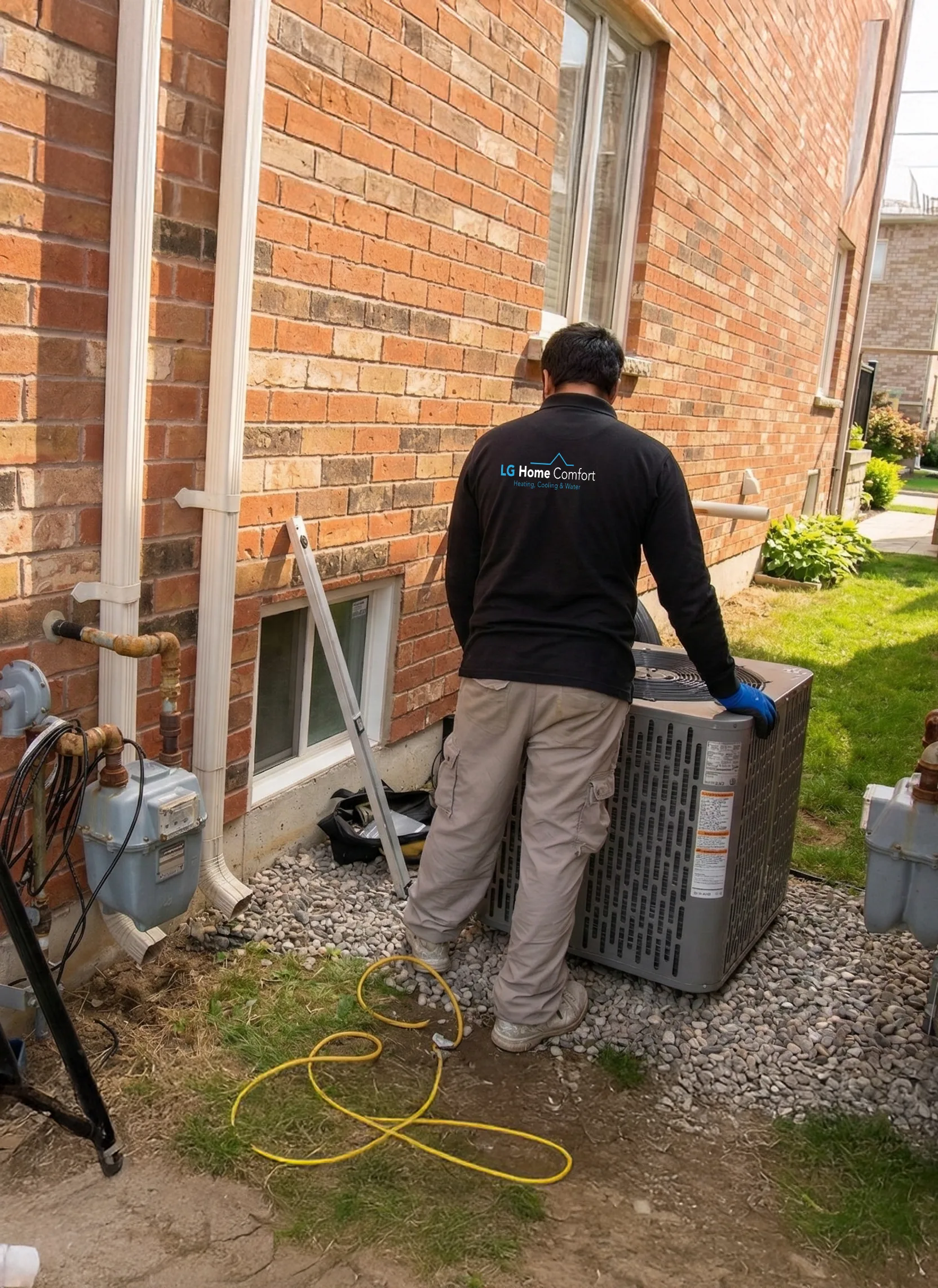 technician installing an outdoor central AC unit beside a brick home in Ajax in ontario