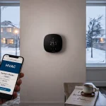 A person holds a smartphone displaying an HVAC emergency service app in a dim living room featuring a wall-mounted smart thermostat and frosted windows revealing a snowy winter neighborhood. 