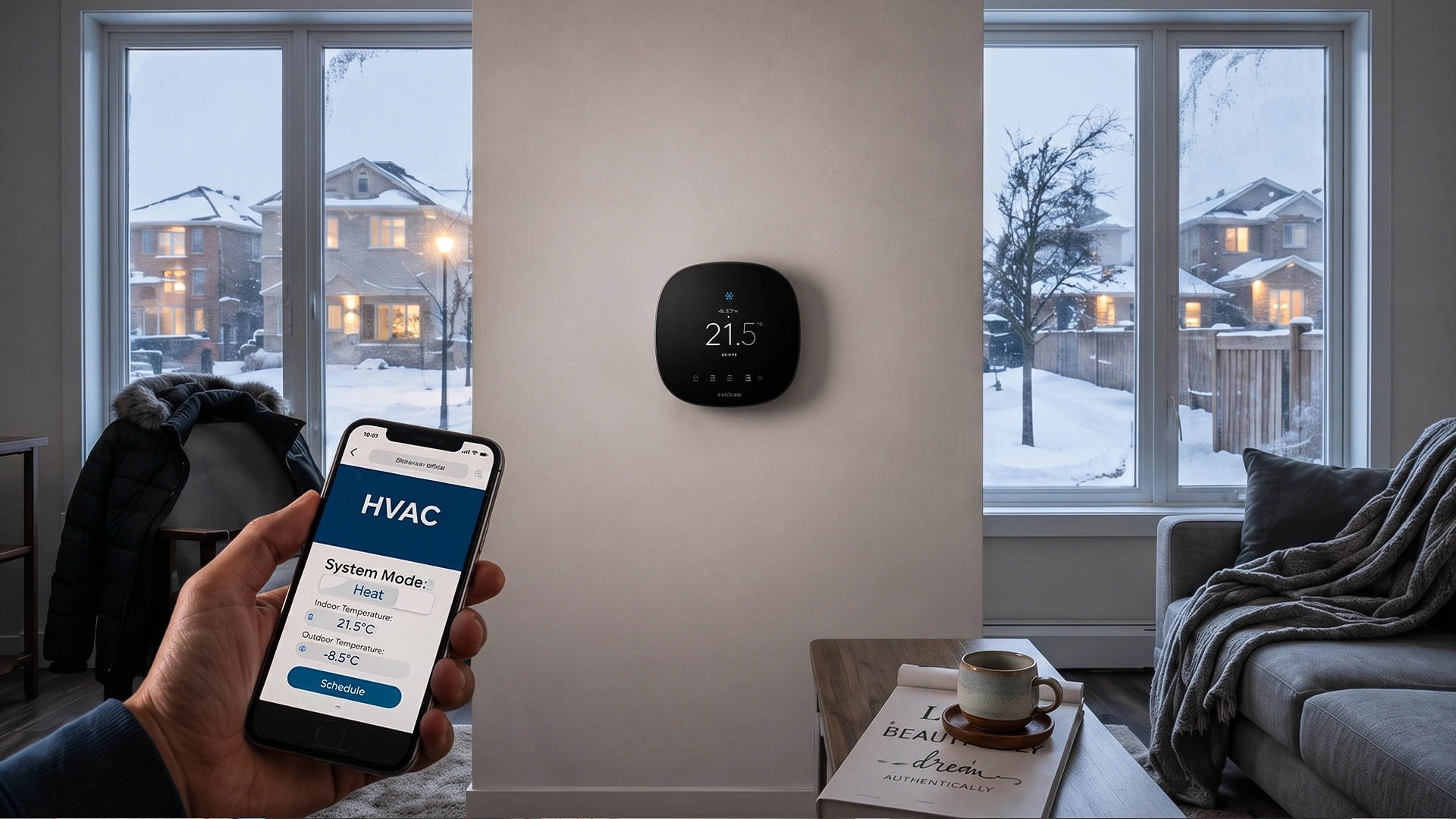 A person holds a smartphone displaying an HVAC emergency service app in a dim living room featuring a wall-mounted smart thermostat and frosted windows revealing a snowy winter neighborhood.