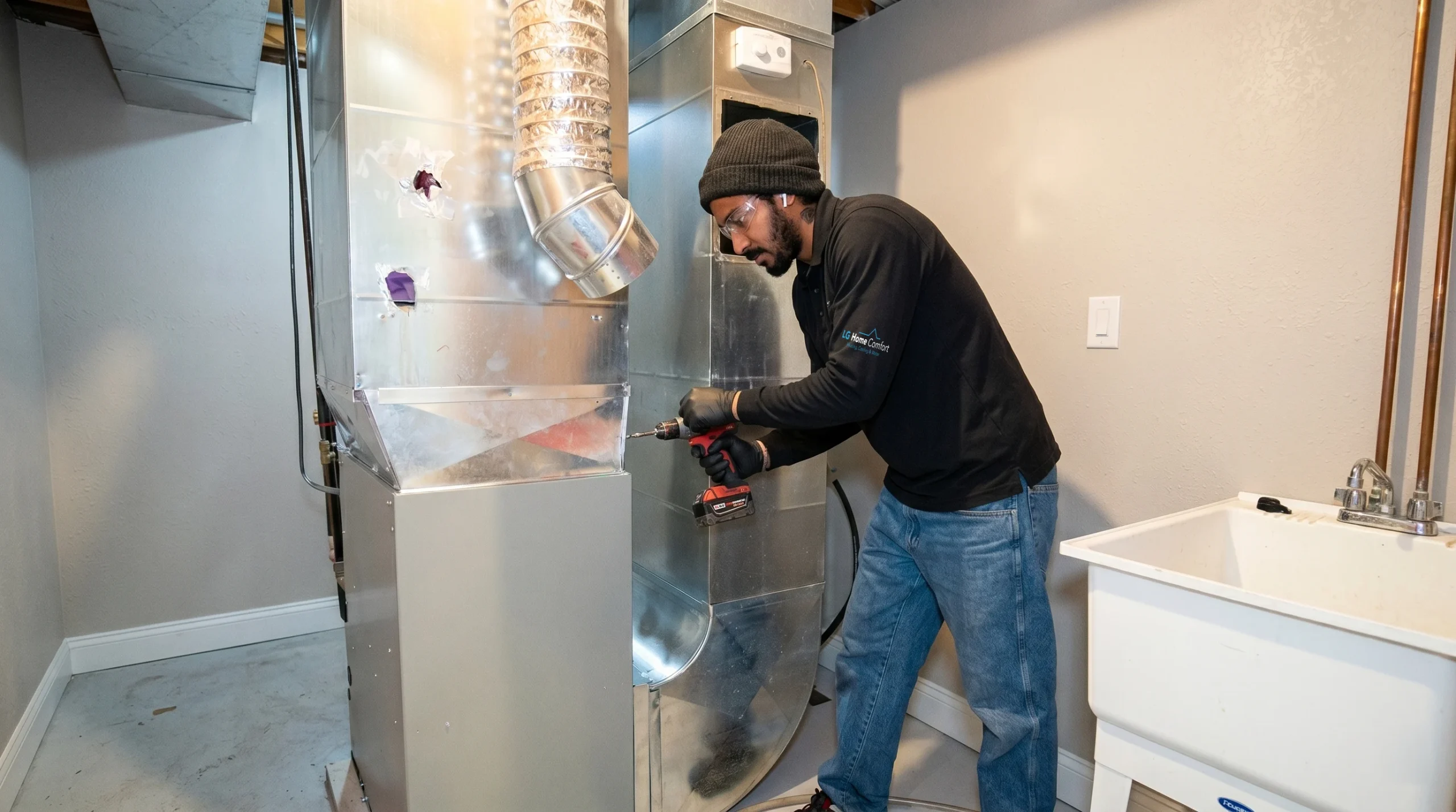 HVAC technician inspecting residential ductwork during spring HVAC maintenance in an Ontario home