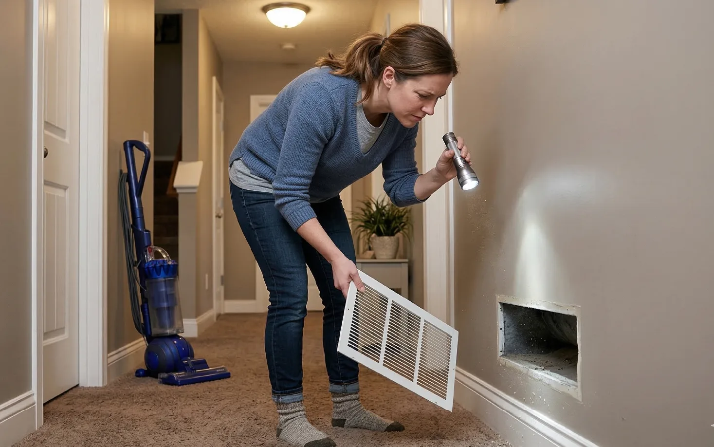 Homeowner inspecting an air vent with a flashlight during a spring HVAC duct check