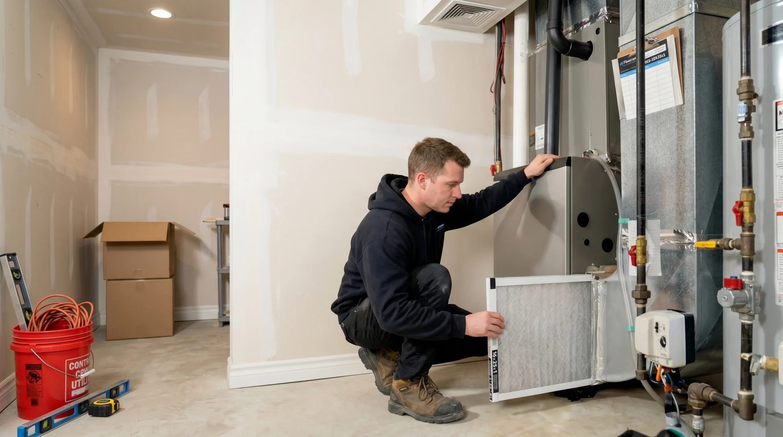 HVAC technician performing airflow and duct inspection during spring HVAC maintenance in Ontario