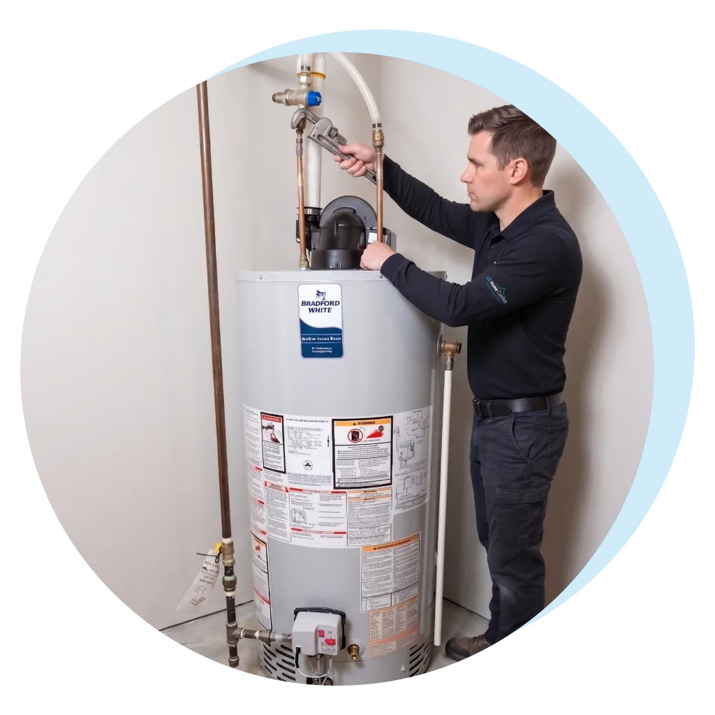 HVAC technician servicing a residential Bradford White water heater in an Ontario home.