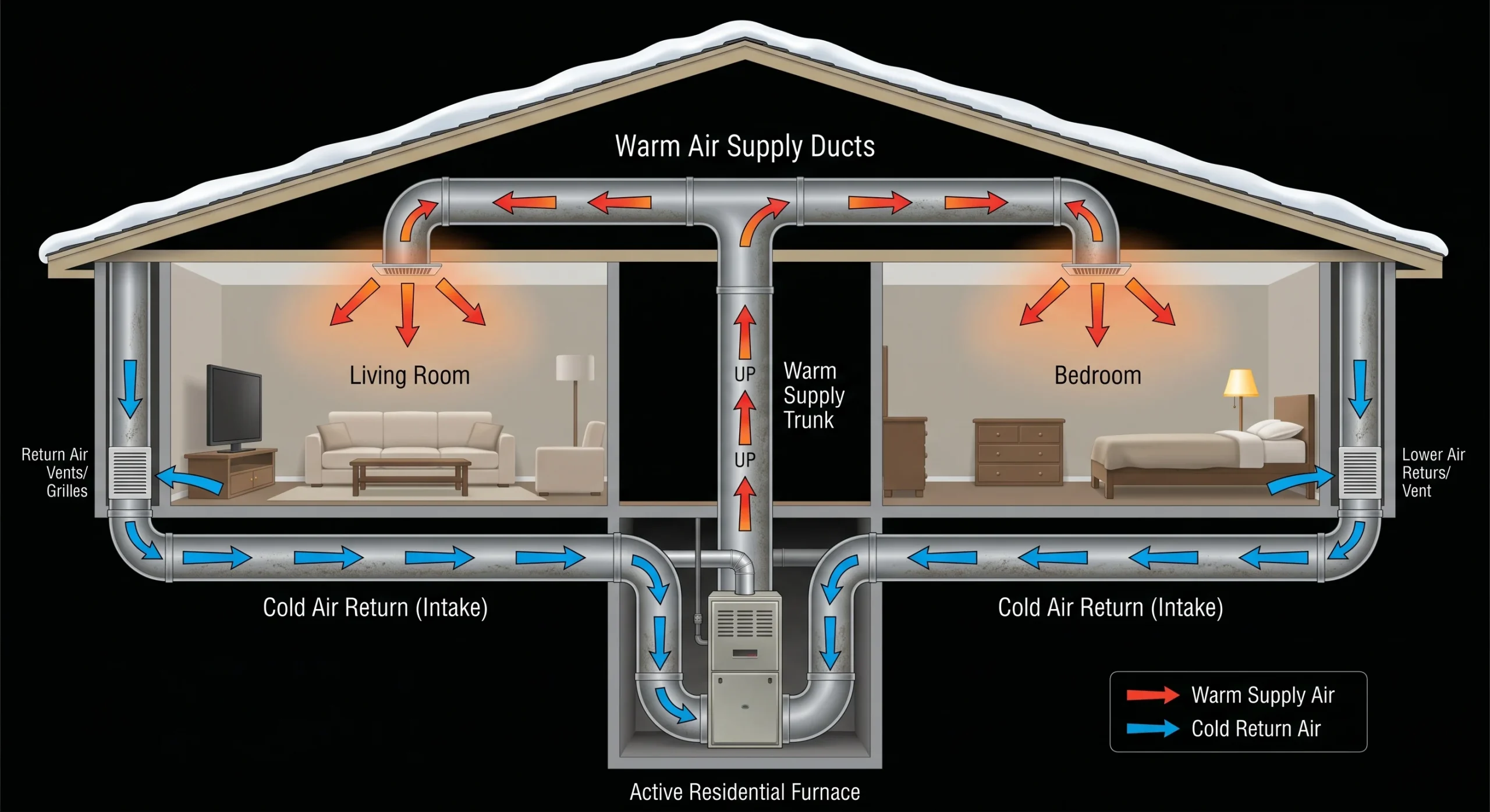 Diagram showing how winter heating affects airflow and duct systems in Ontario homes