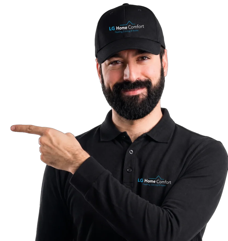 Man in black LG Home Comfort cap and polo pointing left.