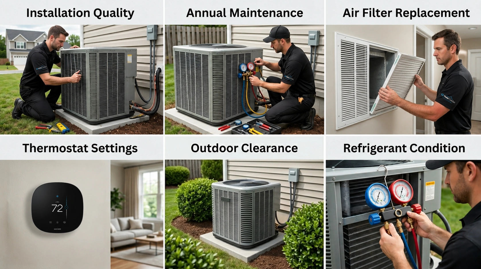 Collage showing six factors affecting AC lifespan, including maintenance, filter replacement, thermostat settings, and refrigerant checks.