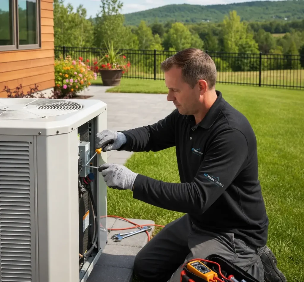 Technician performing air conditioner maintenance in Ontario home
