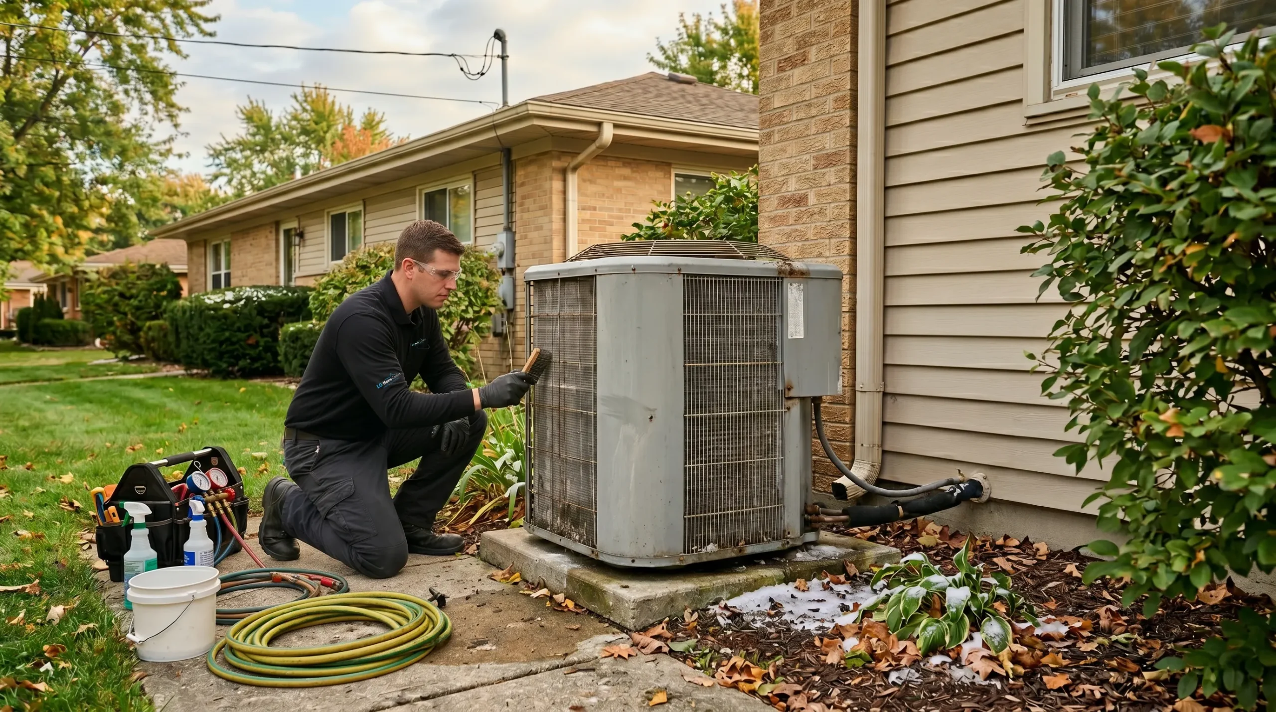 HVAC technician servicing an outdoor air conditioning unit beside a house.