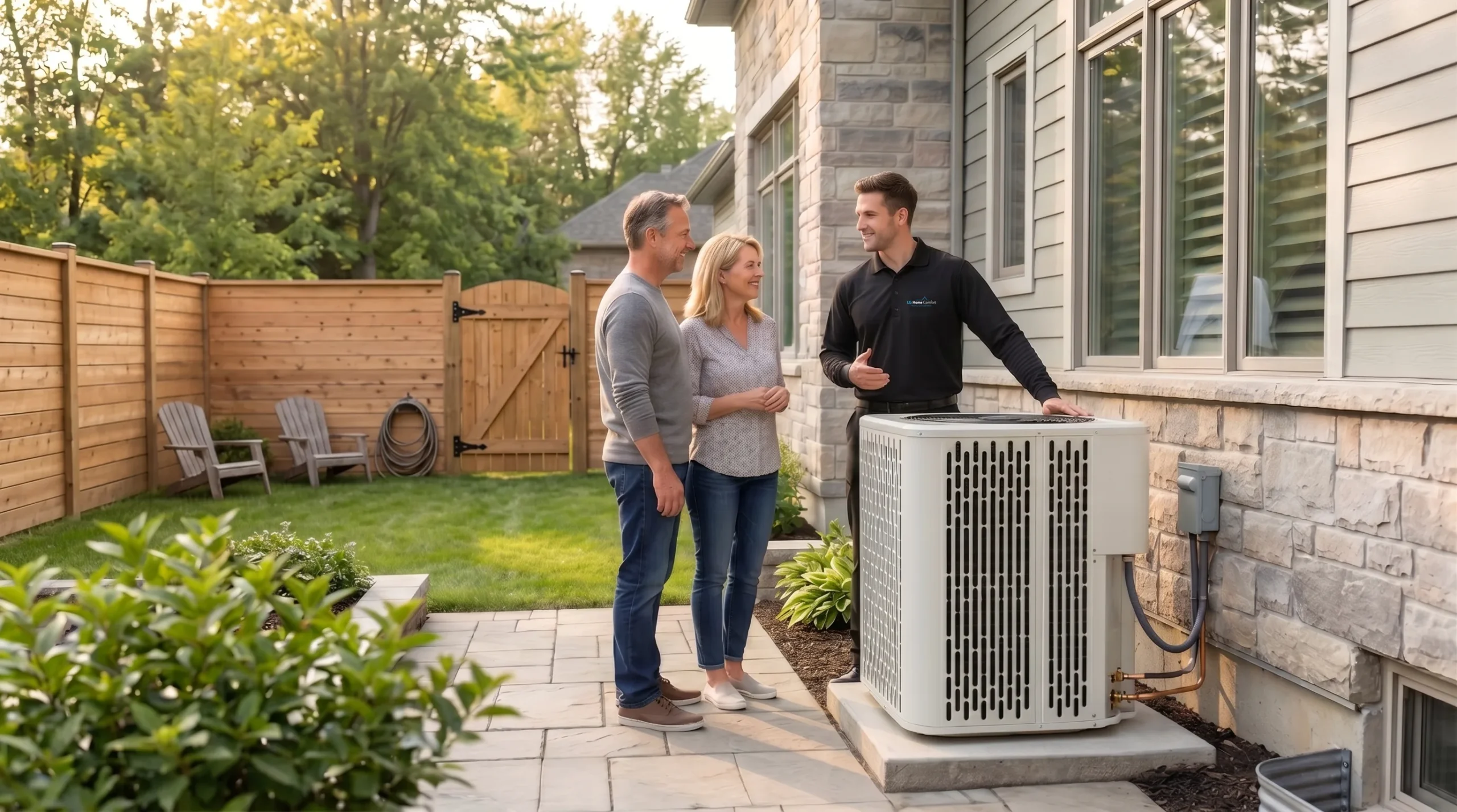 LG Homecomfort HVAC technician explaining outdoor AC unit installation to homeowners