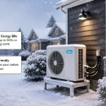Cold-climate heat pump outdoor unit on a snowy stand beside an Ontario home at dusk