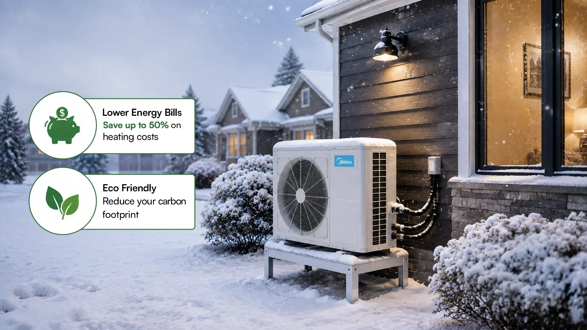 Cold-climate heat pump outdoor unit on a snowy stand beside an Ontario home at dusk