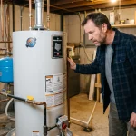 Homeowner inspecting a noisy water heater