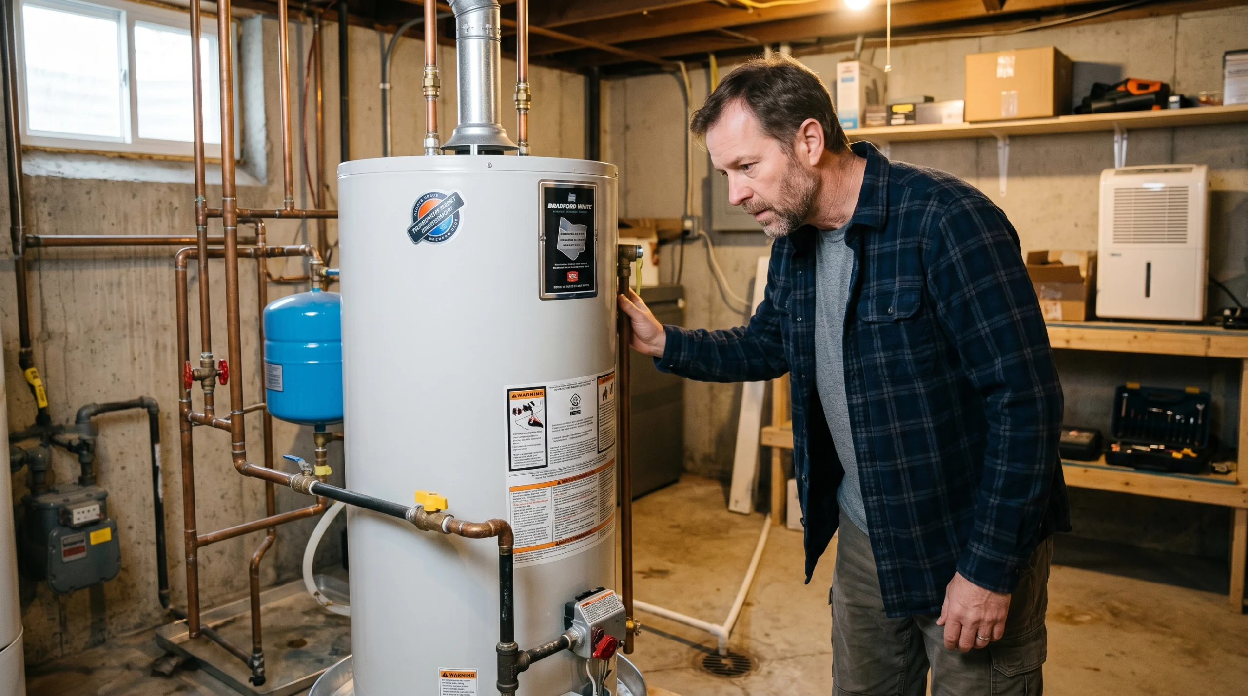 Homeowner inspecting a noisy water heater